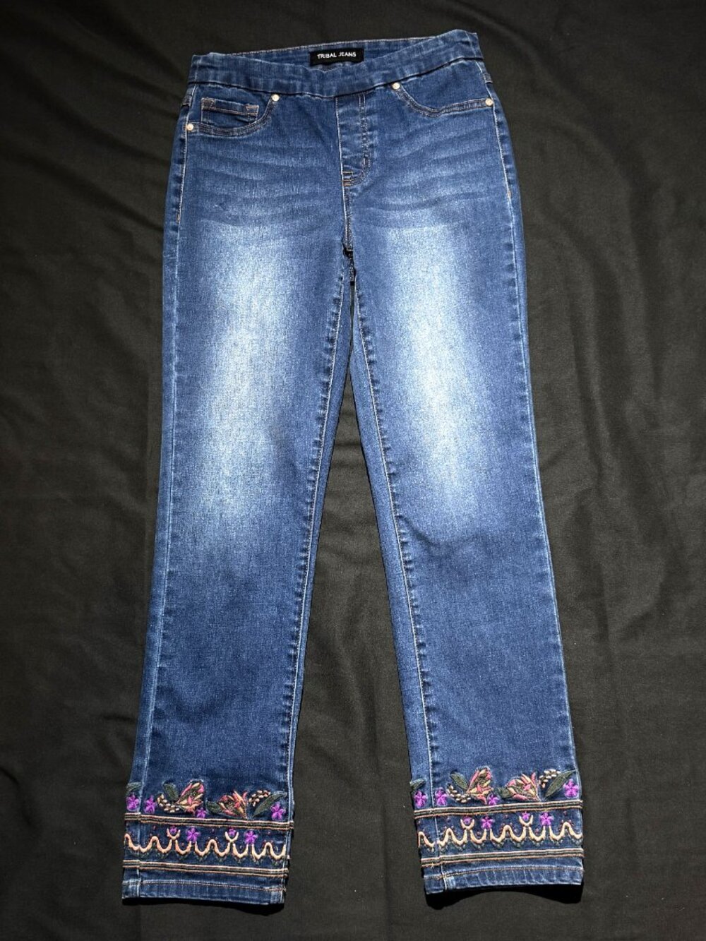 Tribal Womens Jeans 4 Blue Embroidered Stretch Pull On Straight Leg BOHO